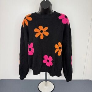 Unbranded Sweater Women L Black Floral Daisy Crewneck Long Sleeve Knit Pullover